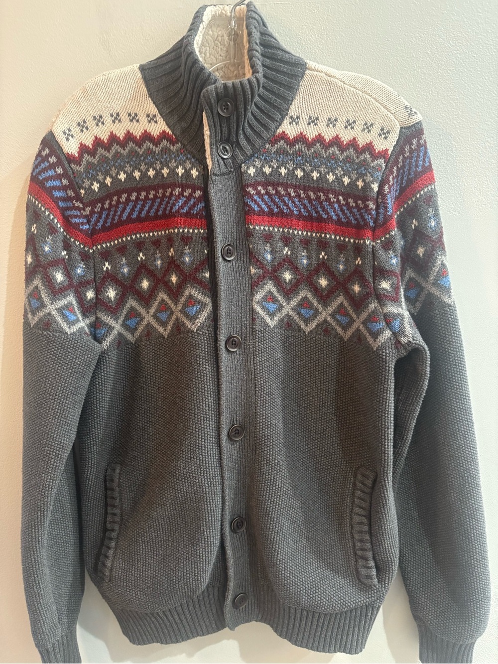 Goodfellow & Co Men’s Gray Fair Isle Button Front Mock Neck Cardigan S Pockets